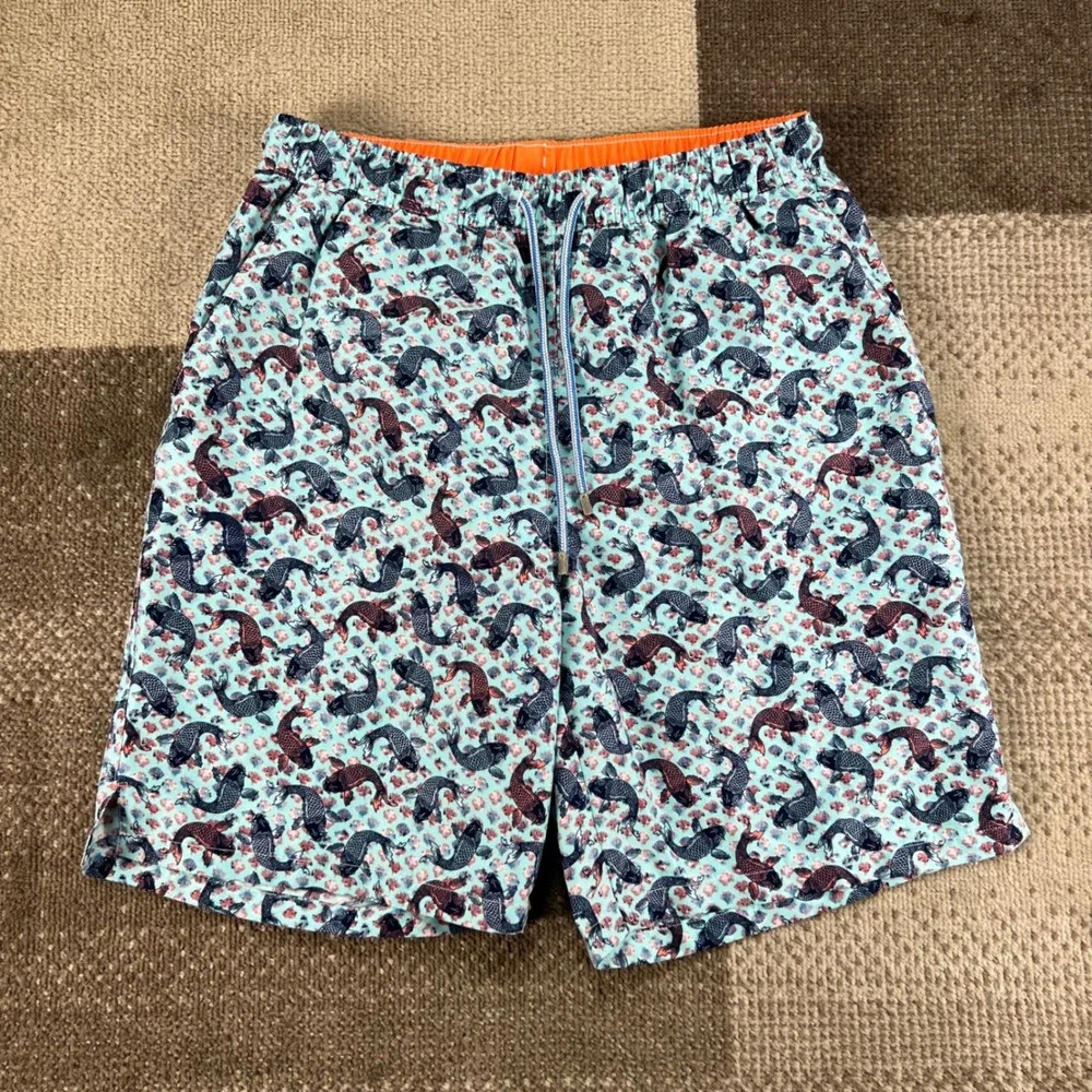 Peter Millar Seaside Collection Mens Koi Fish Swim Trunks Blue Orange Medium